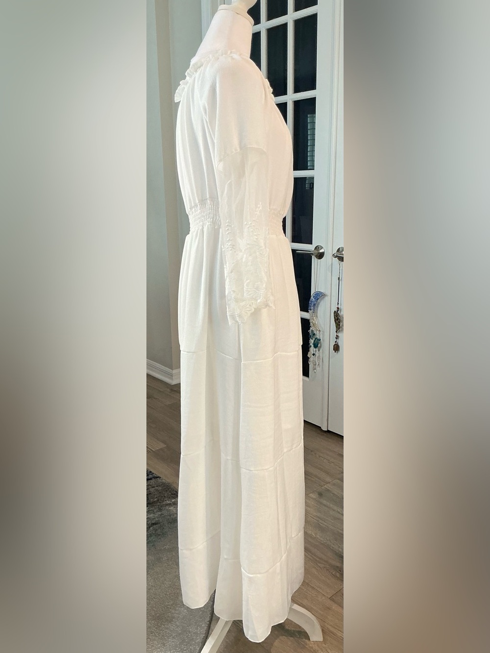 Boho White Off-Shoulder Maxi Dress Sheer Lace Bell Sleeve Tiered Size XL NWOT - Picture 7 of 16